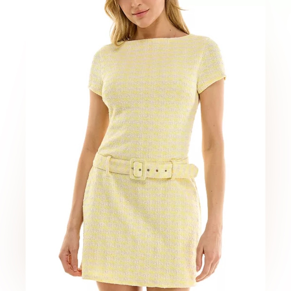B Darlin Juniors' Boucle Belted Mini Yellow Dress